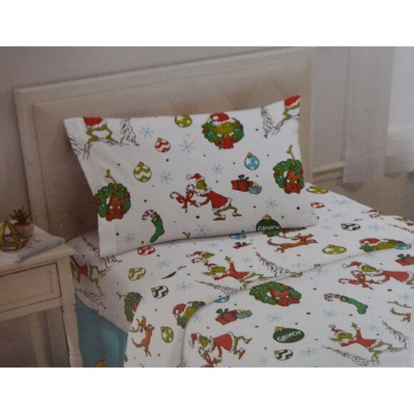 Dr Seuss - The Grinch Twin Sheet Set Flannel Holiday Grinch Max - NEW - Picture 2 of 2